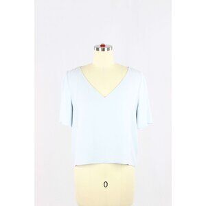 Aritzia BABATON Randy Light Blue Matte Satin Cropped V-Neck Blouse Top, Size M